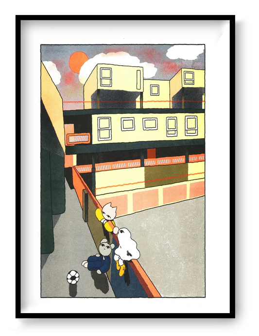 A3 risograph art print “Estate Hang” by Hel Covell, urban illustration of friends spending time together at sunset, warm contemporary wall art.