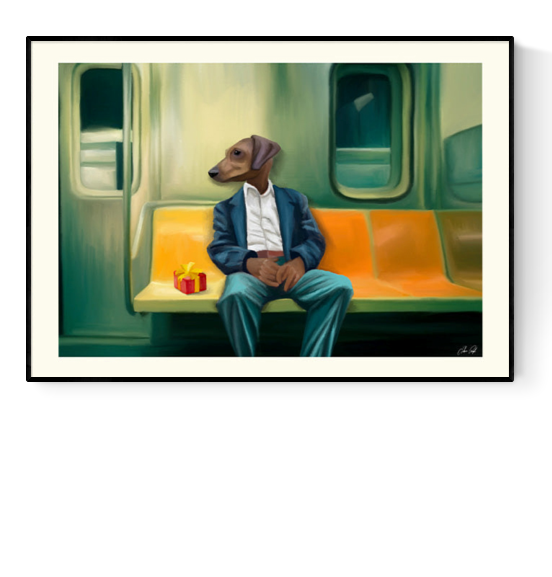 Surreal illustration of a man with a dog’s head sitting alone on a subway bench next to a small gift – Noah on the Subway by Estelle Graf, 30 x 40 cm art print.