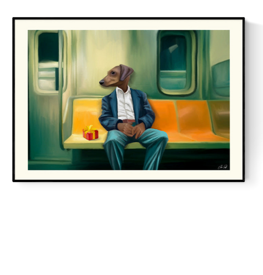 Surreal illustration of a man with a dog’s head sitting alone on a subway bench next to a small gift – Noah on the Subway by Estelle Graf, 30 x 40 cm art print.