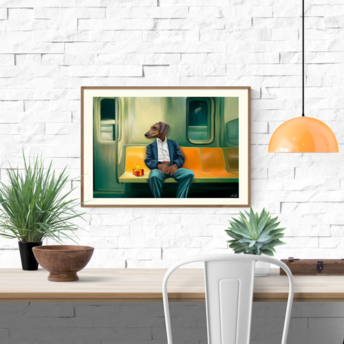 Surreal illustration of a man with a dog’s head sitting alone on a subway bench next to a small gift – Noah on the Subway by Estelle Graf, 30 x 40 cm art print.