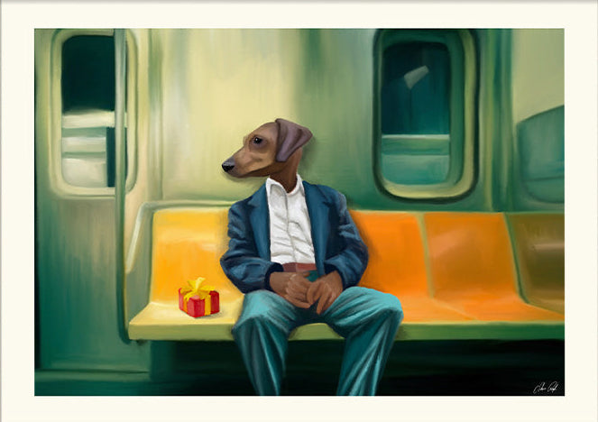 Surreal illustration of a man with a dog’s head sitting alone on a subway bench next to a small gift – Noah on the Subway by Estelle Graf, 30 x 40 cm art print.