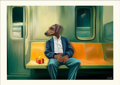 Surreal illustration of a man with a dog’s head sitting alone on a subway bench next to a small gift – Noah on the Subway by Estelle Graf, 30 x 40 cm art print.