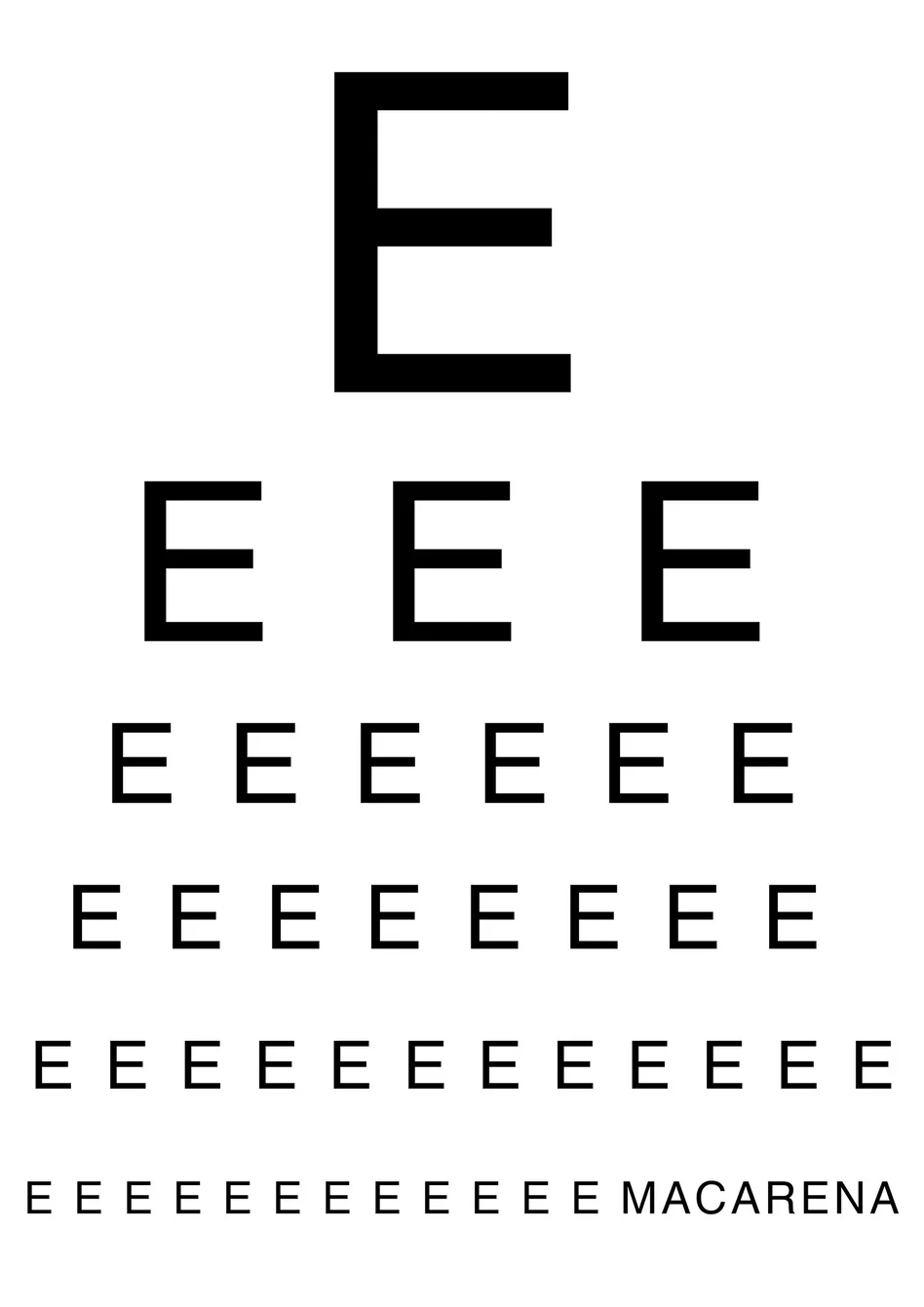 Minimalist eye chart illustration spelling "Macarena" on the final line, black typography on a white background. Contemporary digital art print in portrait format, ideal for modern home decor and music lovers.