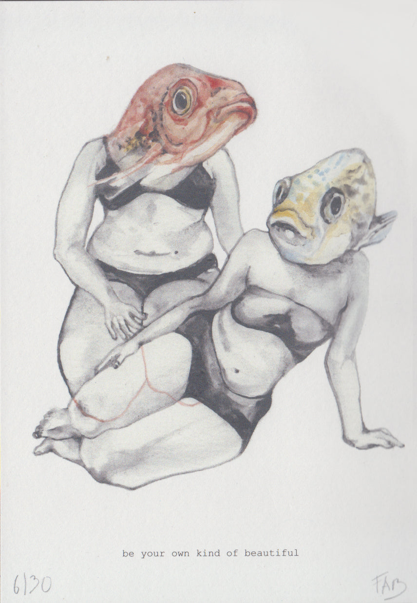 Surreal and empowering illustration by FAB titled 'Be Your Own Kind of Beautiful,' depicting two confident women in black lingerie with expressive fish heads, embracing body positivity and self-acceptance through a bold, thought-provoking visual statement