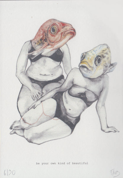 Surreal and empowering illustration by FAB titled 'Be Your Own Kind of Beautiful,' depicting two confident women in black lingerie with expressive fish heads, embracing body positivity and self-acceptance through a bold, thought-provoking visual statement