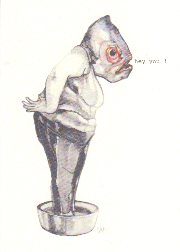 Surreal A6 art card featuring a fish-headed human figure standing in a bowl, illustrated in pencil and watercolor by Belgian artist FAB, minimalist and humorous illustration on textured paper.