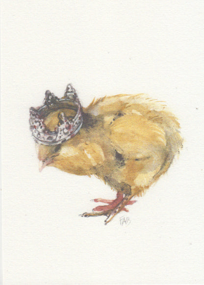 Watercolor-style A6 illustration of a fluffy yellow chick wearing a royal crown on textured paper – King Chick by Belgian artist FAB.