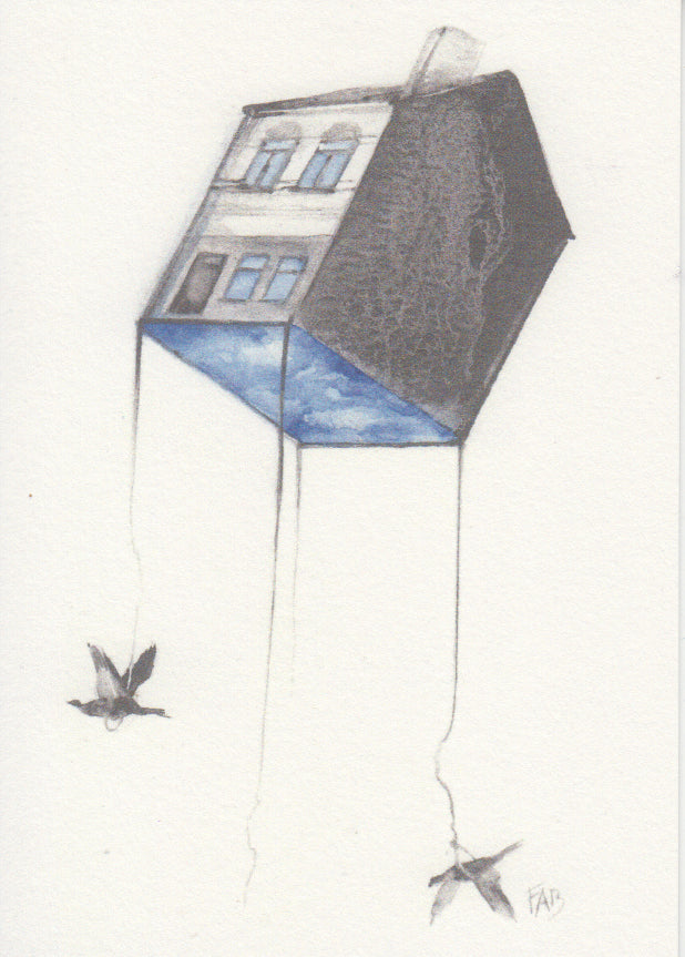 Surreal minimalist illustration of a floating house carried by birds – Moving by FAB, Belgian artist Fabienne Verhulsel, A6 fine art print.