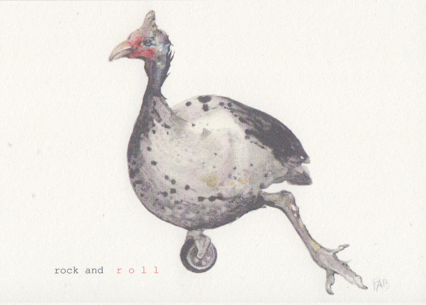 Surrealist illustration of a spotted guinea fowl balancing on a single wheel with the phrase "rock and roll" – small format art print by Belgian artist FAB, A6 size on textured paper.