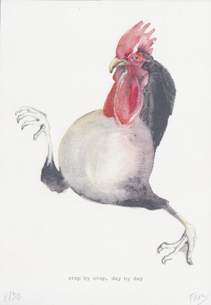 Surreal art print of a quirky rooster in mid-step with human-like legs, titled “Step by Step, Day by Day” by Belgian illustrator FAB (Fabienne Verhulsel). A humorous and minimalist A5 artwork printed on 300g Munker Pure rough paper, perfect for collectors of surreal and whimsical art in Belgium, the Netherlands, France, and Germany.