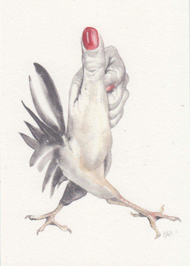 Surreal A6 art print titled Thumb by Belgian illustrator FAB, featuring a creature with the body of a bird and a human thumb as its head, complete with red nail polish. Printed on 300g Munker Pure rough paper. Small format artwork full of playful absurdity.