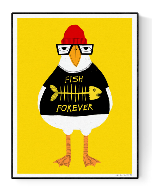 Funny seagull illustration wearing red beanie and "Fish Forever" sweater – colorful and quirky art print by Dans les Dents, perfect for modern interiors, kids’ rooms, and playful wall decor.