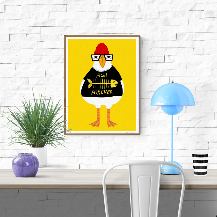 Funny seagull illustration wearing red beanie and "Fish Forever" sweater – colorful and quirky art print by Dans les Dents, perfect for modern interiors, kids’ rooms, and playful wall decor.