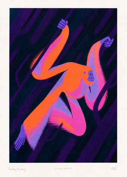 Funky Monkey by Linde Raats, vertical A4 giclée print of an orange and pink monkey swinging through a dark purple jungle, playful wall art for modern home decor.