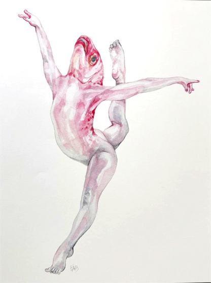 30x40 cm art print “Diva Fish” by FAB, surreal watercolor illustration with poetic tone, contemporary wall art for modern interiors.