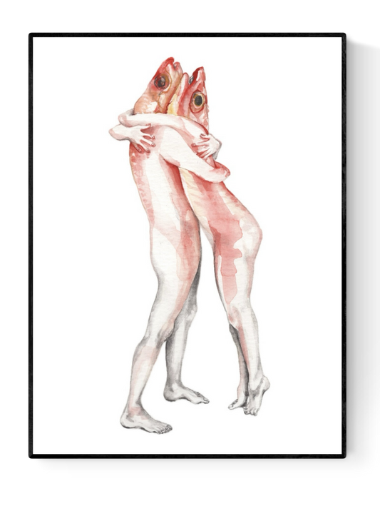 Surreal art print of two human figures with red fish heads embracing each other, "Fish Hug" by FAB – whimsical and romantic wall art for modern interiors, available at Galerie Frits.