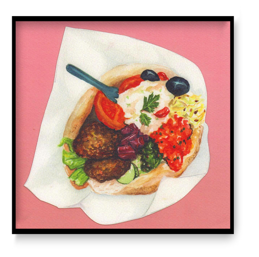 Art print “Falafel” by Kim Timmermans, watercolor and pencil illustration of a falafel wrap, intimate food illustration for contemporary interiors.