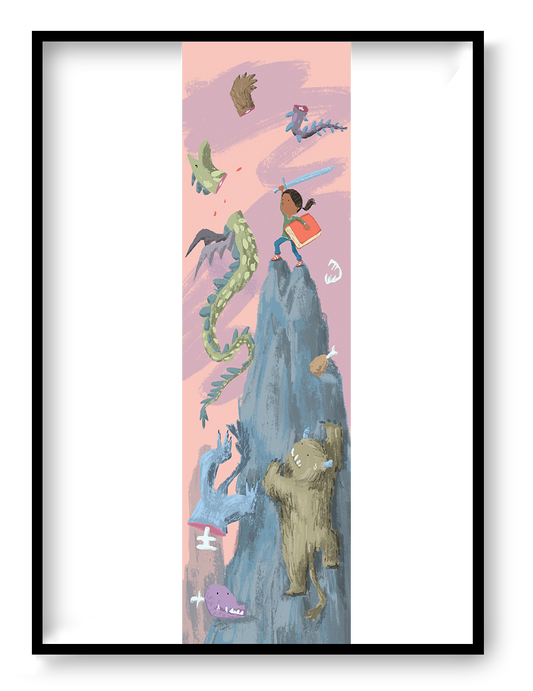 Fantasy giclée art print by Willy Leung in vertical format showing a whimsical fantasy scene with creatures and a child hero, printed on fine art paper.