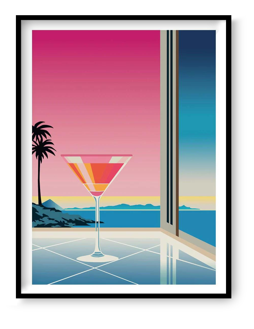 30x40 cm art print “Fantasy Martini” by Vistas Studio, minimalist vector illustration with bold gradients and coastal architecture, modern wall art.