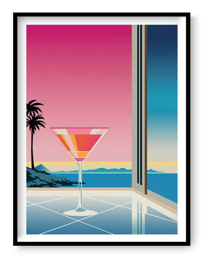 30x40 cm art print “Fantasy Martini” by Vistas Studio, minimalist vector illustration with bold gradients and coastal architecture, modern wall art.