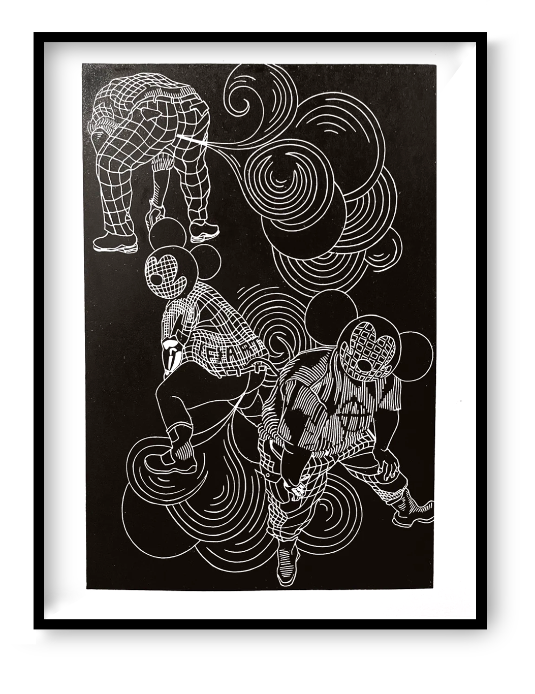 30x40 cm linocut art print “Fartgang” by FAB, handprinted satirical illustration with bold graphic style, limited edition collector artwork.