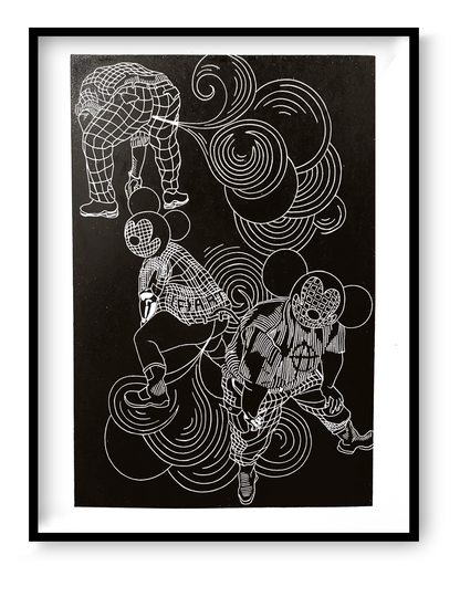 30x40 cm linocut art print “Fartgang” by FAB, handprinted satirical illustration with bold graphic style, limited edition collector artwork.