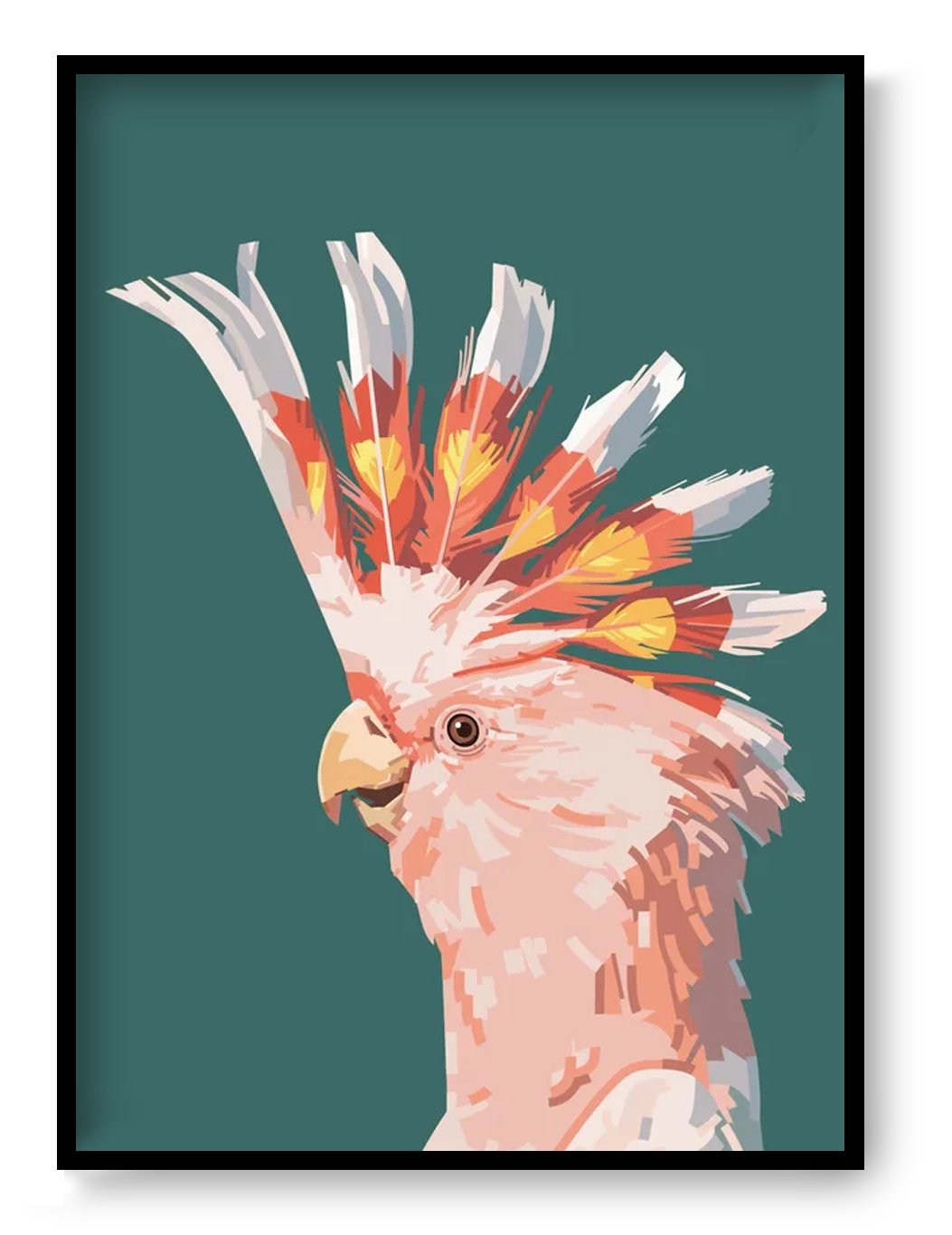 A4 art print “Fashionista” by Floor 4 Productions, minimalist cockatoo illustration in pastel pink and yellow, modern animal portrait wall art.