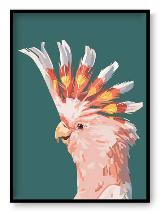A4 art print “Fashionista” by Floor 4 Productions, minimalist cockatoo illustration in pastel pink and yellow, modern animal portrait wall art.