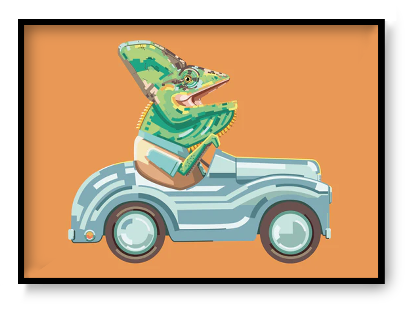 Art print “Fastest and Funniest” by Floor 4 Productions, humorous illustration of a chameleon and toy car, graphic animal wall art in A4 and A3.