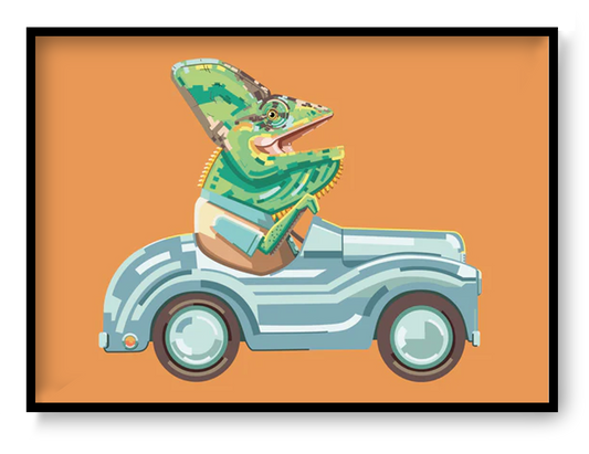 Art print “Fastest and Funniest” by Floor 4 Productions, humorous illustration of a chameleon and toy car, graphic animal wall art in A4 and A3.