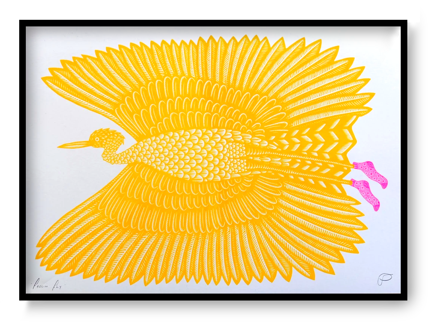 A3 risograph art print “Feelin’ Fly” by Strangford, humorous bird illustration with bold colors and playful details, modern animal wall art.