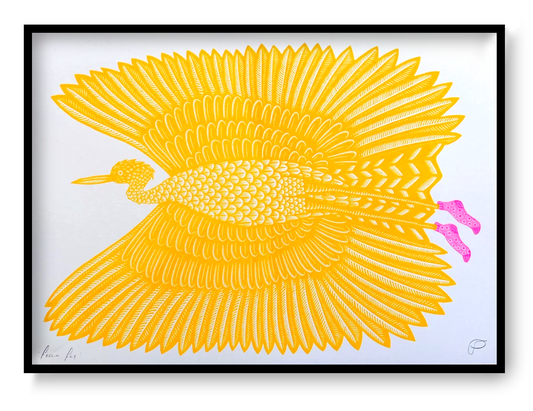 A3 risograph art print “Feelin’ Fly” by Strangford, humorous bird illustration with bold colors and playful details, modern animal wall art.