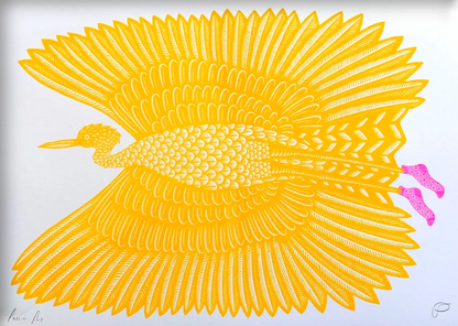 Yellow bird in flight with large patterned wings and bright pink feet, illustrated in a playful graphic style and printed as a horizontal risograph, ideal for colourful contemporary wall decor.
