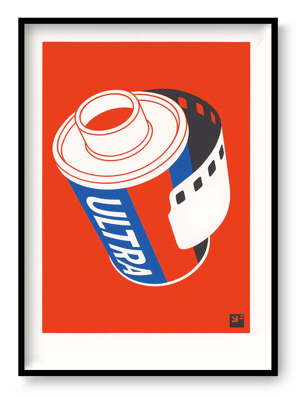 A4 risograph art print “Film Roll” by VrijFormaat, two-color red and blue illustration of a film roll, minimalist graphic wall art.