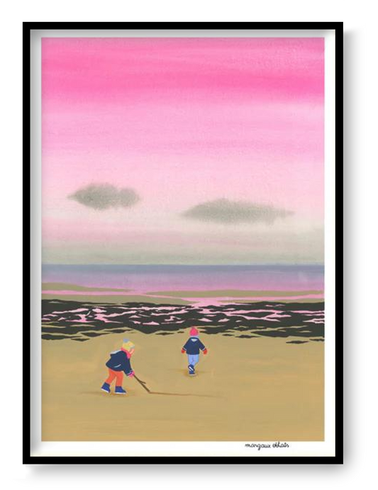 A3 risograph art print “Fin Août” by Margaux Othats, soft illustration of a quiet beach scene at the end of summer, poetic contemporary wall art.