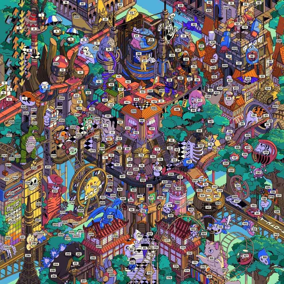 Colorful pop art illustration "Tokyo Parade" by Paiheme Studio, featuring a detailed city scene with 300 hidden Japanese cultural references including anime characters, food, and architecture, printed on 30x30 cm matte coated paper.