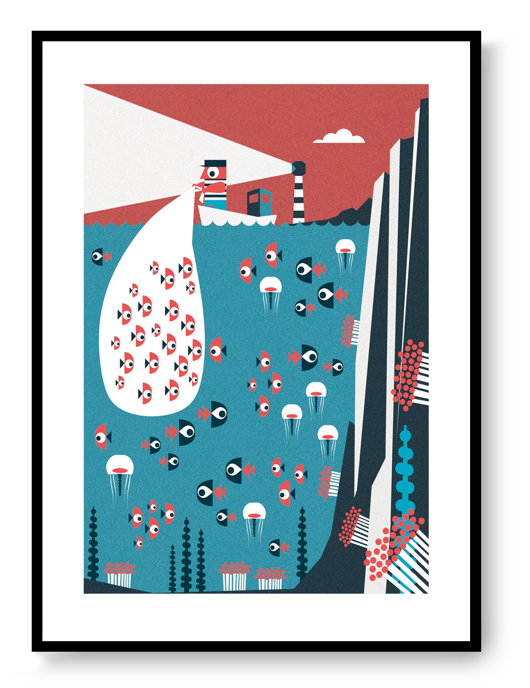 Graphic ocean illustration with lighthouse beam, fish schools and underwater life, modern art print by Studio Frits.