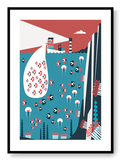 Graphic ocean illustration with lighthouse beam, fish schools and underwater life, modern art print by Studio Frits.