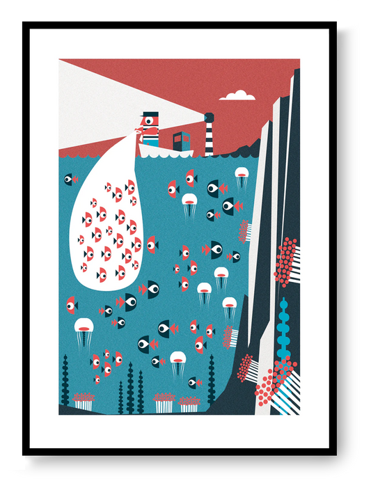 Graphic ocean illustration with lighthouse beam, fish schools and underwater life, modern art print by Studio Frits.