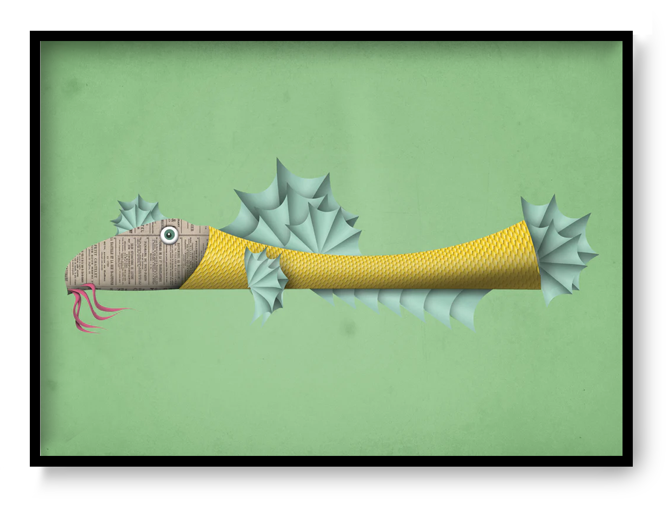 Graphic illustration of a long yellow fish with newspaper-textured head on green background, character art print by Studio Frits.