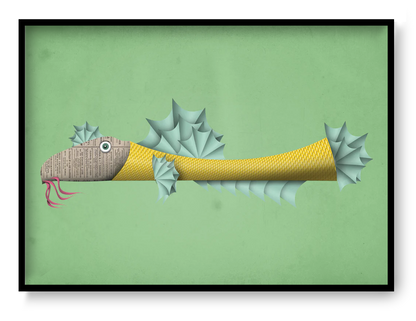 Graphic illustration of a long yellow fish with newspaper-textured head on green background, character art print by Studio Frits.
