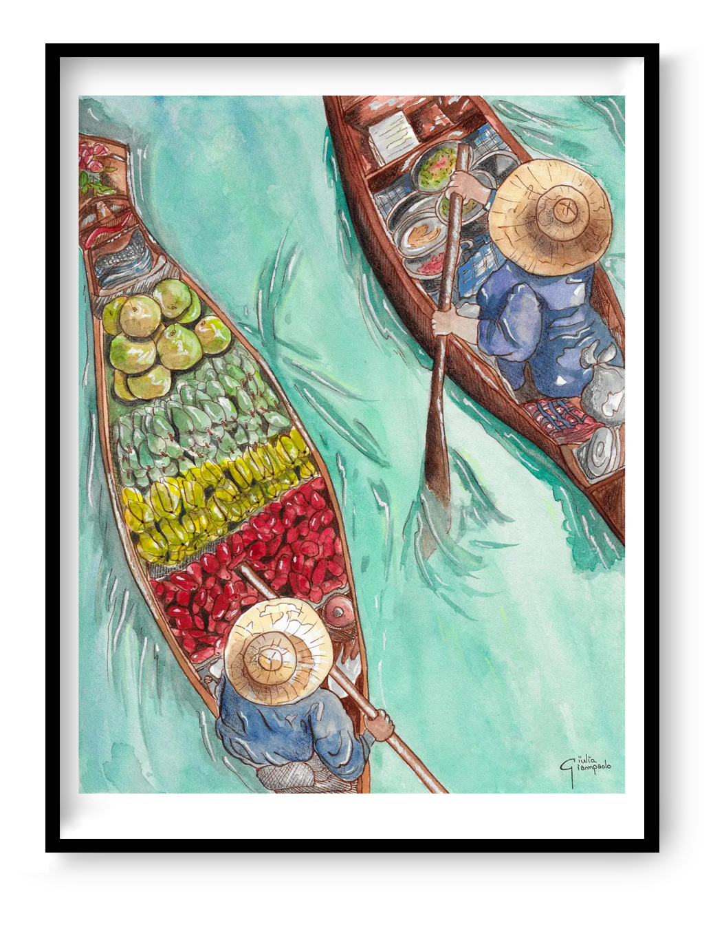 Watercolor illustration of boats at a floating market seen from above, fine art travel print by Giu Watercolor.
