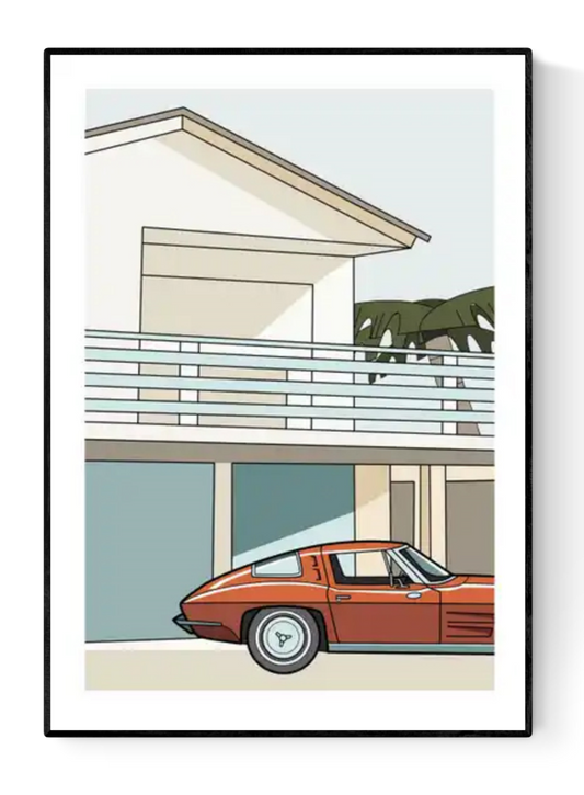Digital illustration of a retro red sports car parked in front of a minimalist modern beach house with palm trees, evoking California style – Malibu by Floor 4 Productions.