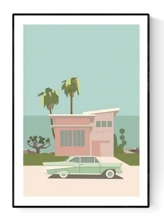 Minimalist illustration of a pastel mid-century house with palm trees and a vintage mint green car in front, titled Palm Springs by Floor 4 Productions – A3 art print.