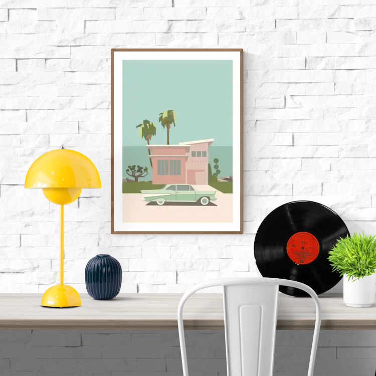 Minimalist illustration of a pastel mid-century house with palm trees and a vintage mint green car in front, titled Palm Springs by Floor 4 Productions – A3 art print.