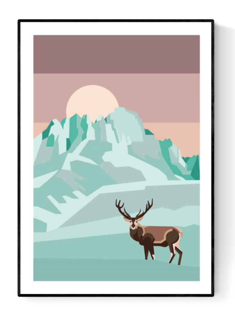 Minimalist illustration of a deer in a snowy mountain landscape with full moon by Floor 4 Productions – modern Scandinavian-style art print in soft pastel tones, perfect for nature lovers and contemporary home decor
