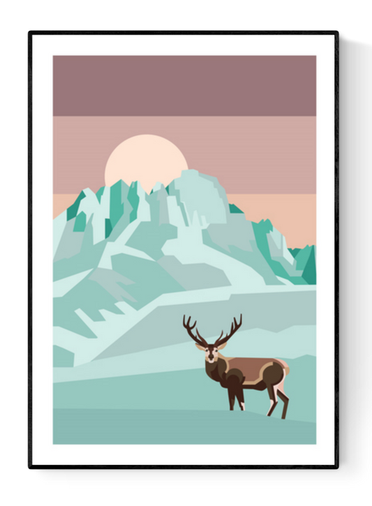 Minimalist illustration of a deer in a snowy mountain landscape with full moon by Floor 4 Productions – modern Scandinavian-style art print in soft pastel tones, perfect for nature lovers and contemporary home decor