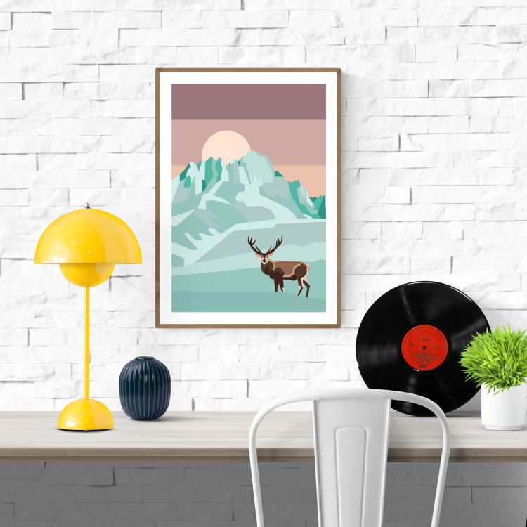 Minimalist illustration of a deer in a snowy mountain landscape with full moon by Floor 4 Productions – modern Scandinavian-style art print in soft pastel tones, perfect for nature lovers and contemporary home decor
