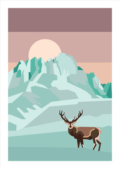 Minimalist illustration of a deer in a snowy mountain landscape with full moon by Floor 4 Productions – modern Scandinavian-style art print in soft pastel tones, perfect for nature lovers and contemporary home decor