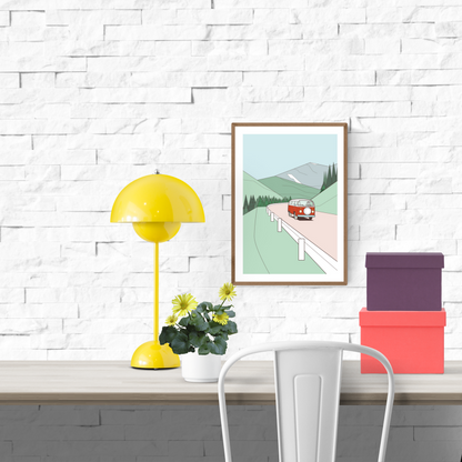 Minimalist art print of a red vintage van driving through green hills with pine trees and mountains in the background – travel-themed illustration by Floor 4 Productions